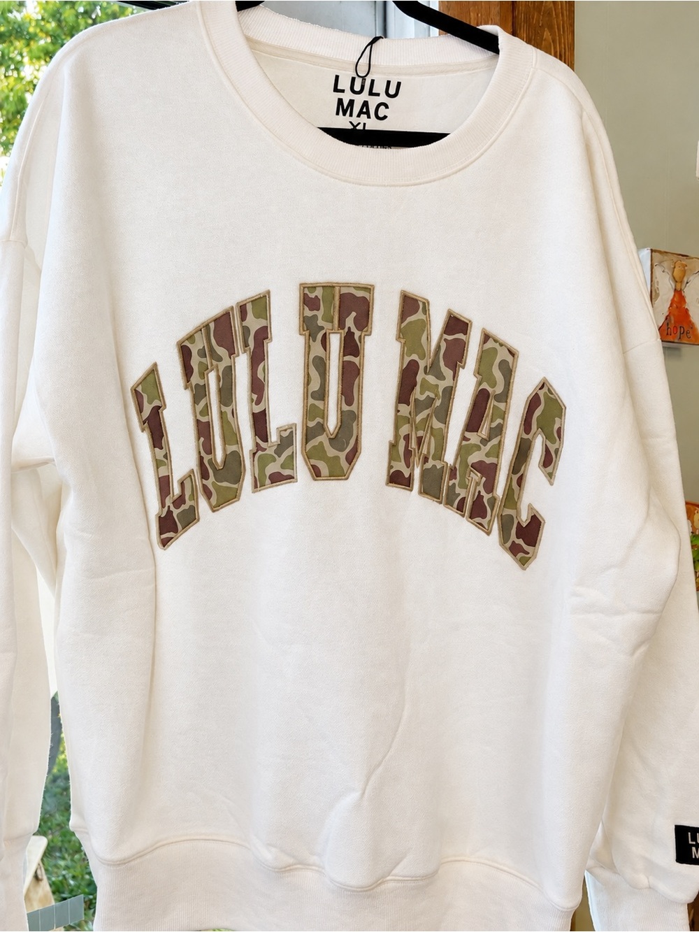 Lulu Mac Women's Cream Crewneck Sweater with Camo Logo